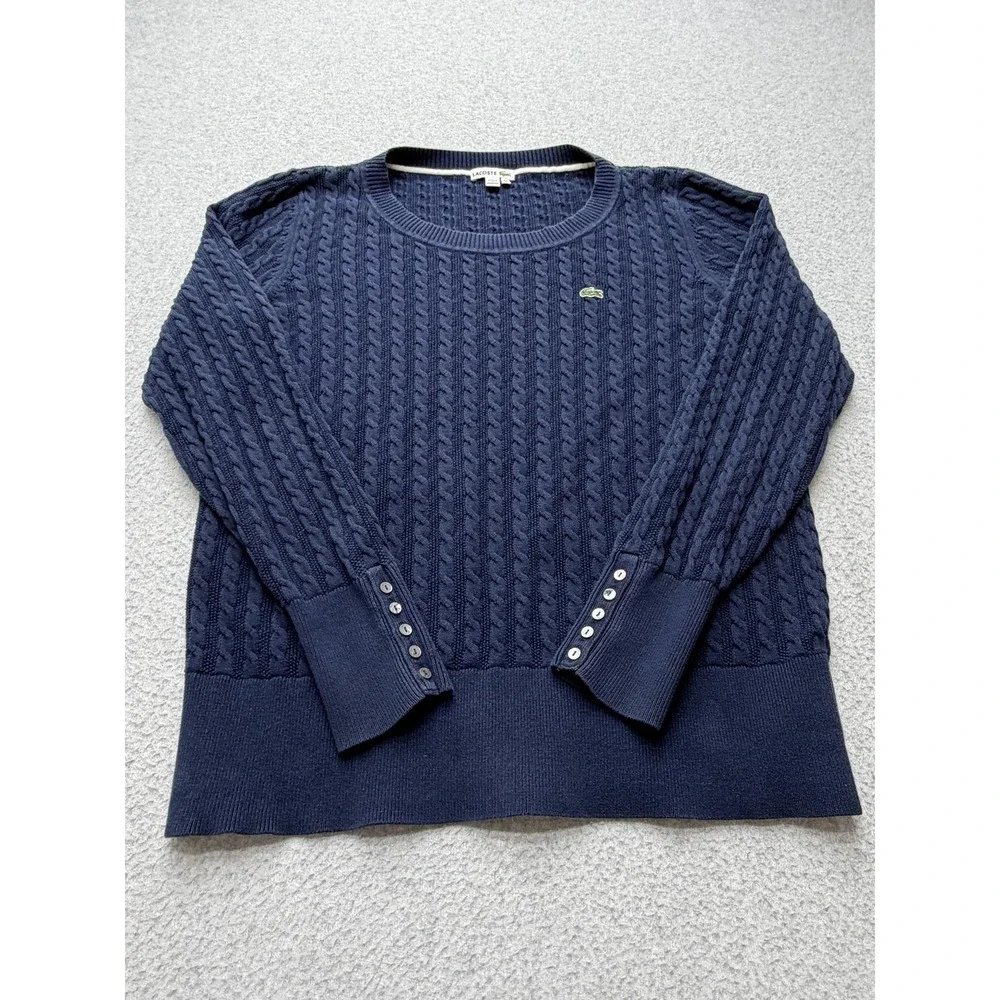 Lacoste Sweater Womens 44 Blue 100% Cotton Cable Knit Logo Button Cuff Pullover